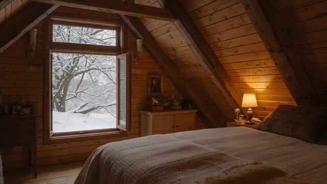 Showing centered bed filling frame in attic room, open window and lit lamp, snowfall shifting light