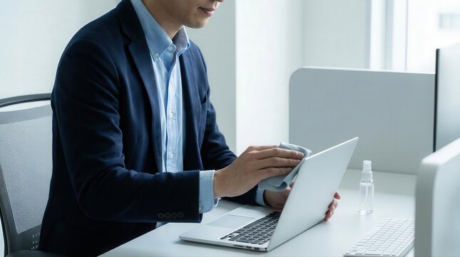 Professional Man Cleaning Laptop Screen in Modern Office for Enhanced Hygiene and Maintenance