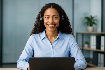 Smiling customer support representative wearing headset working on laptop at desk in modern office environment with shelf and plant in background. Ai generative