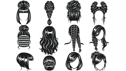 Collection of diverse hairstyles and updos for women, showcasing various braiding and styling techniques.