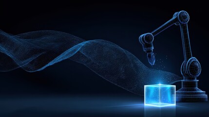 Abstract Robotic Arm Interacting With Illuminated Cube Against Dark Blue Background