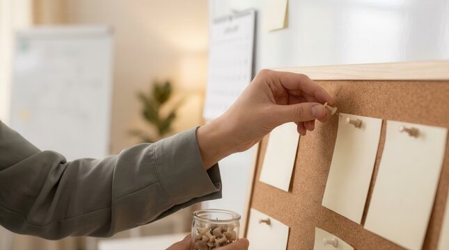 Person's hand pinning blank notes on a cork board for planning and organization tasks