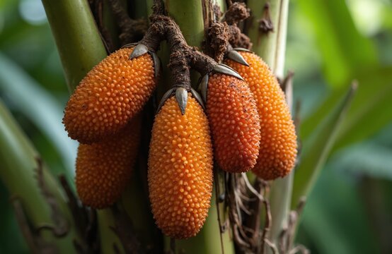 Orange murumuru palm fruits cluster on tree trunk. Edible seed pods grow on Arecaceae plant. Amazon rainforest flora, natural tropical vegetation.