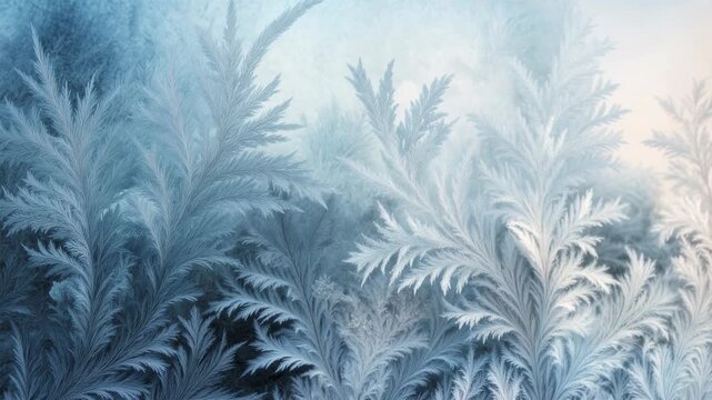 Icy feather like frost crystals spreading across a cool blue surface magical winter pattern ideal for seasonal greetings eco stories climate concepts wellness branding and serene abstract