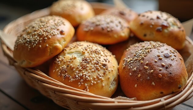 Freshly baked bread rolls in wicker basket. Sesame seeds topping the buns. Perfect breakfast food photo for cafe menu or bakery advertisement. Close up shot. - Powered by Adobe