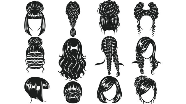 Collection of diverse hairstyles and updos for women, showcasing various braiding and styling techniques.