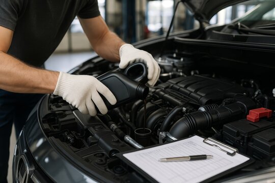 Mechanic wearing gloves pouring motor oil into engine of a car in garage with checklist on clipboard in foreground during maintenance service. Ai generative