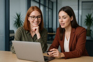 Two professional women collaborating at laptop in modern office, engaged in business discussion with focus and teamwork during meeting session. Ai generative