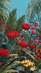 Fototapeta premium Vibrant red flowers and lush green foliage in a tropical garden scene