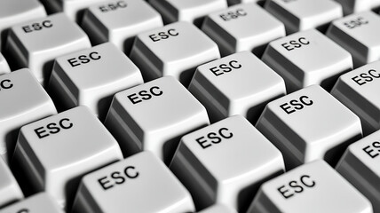 A closeup view of numerous white esc keys on a computer keyboard, arranged in a repetitive pattern