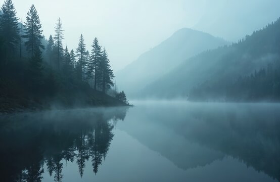 Misty forest silhouettes rise above a calm mountain lake reflecting tall pine trees. The tranquil landscape has a peaceful, quiet, and cool atmosphere early morning. Serene nature scene. - Powered by Adobe