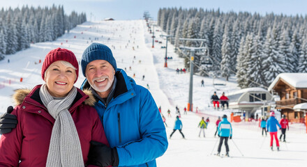 Portrait of a happy senior pensioner with her husband enjoying winter vacation on the background of a ski resort, concept of winter holidays and for the elderly. Hello winter. Pensioner's vacation