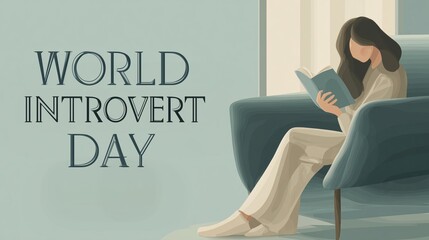 Clean minimalist banner design with text "WORLD INTROVERT DAY", soft pastel background with subtle texture, person silhouette reading book in corner