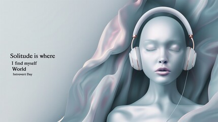 Horizontal banner with inspirational text "Solitude is where I find myself World Introvert Day", background features realistic image of person with headphones in peaceful setting