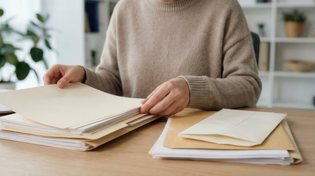 Close up of hands organizing essential business documents and papers on a neat office desk