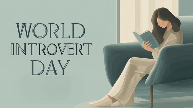 Clean minimalist banner design with text "WORLD INTROVERT DAY", soft pastel background with subtle texture, person silhouette reading book in corner