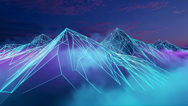 Pulling camera forward from distance at dusk, revealing neon cyan wireframe peaks above purple fog