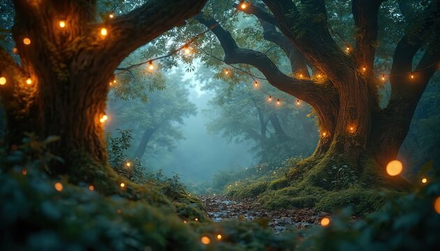 Enchanted forest scene with glowing fairy lights hanging from trees. Dreamy, magical atmosphere in woodland path. Mystical setting evokes fantasy. Atmosphere serene. Perfect for fairytale - Powered by Adobe