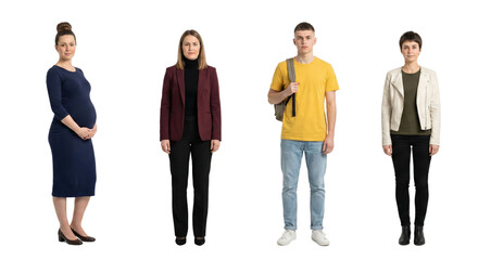 Obraz premium Diverse Group Showcase Presenting a Pregnant Woman, Business Professionals and a Student isolated