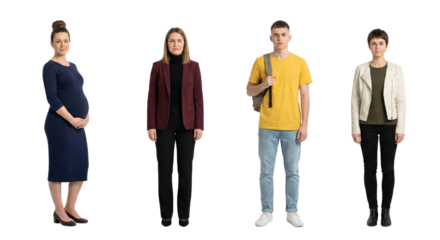 Diverse Group Showcase Presenting a Pregnant Woman, Business Professionals and a Student isolated