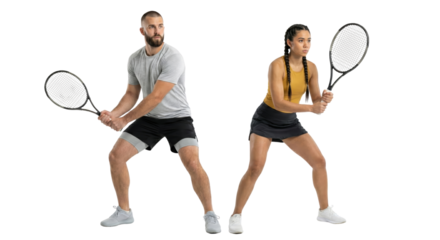 Focused tennis players ready to strike the ball, athletic couple demonstrating power and skill in