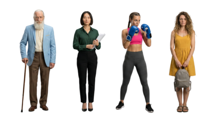 Diverse individuals showcasing variety of careers and lifestyle choices on transparent