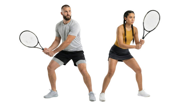 Focused tennis players ready to strike the ball, athletic couple demonstrating power and skill in