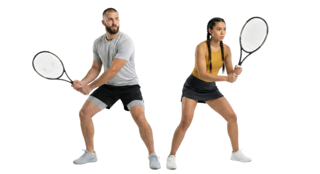 Focused tennis players ready to strike the ball, athletic couple demonstrating power and skill in