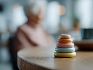 Stacked wooden rings with an elderly figure blurred behind them, symbolizing dementia regression, cognitive loss, and memory fragmentation