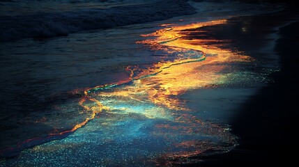 Bioluminescent plankton creating a glowing, ethereal stream of blue and orange light along a dark ocean shoreline at night