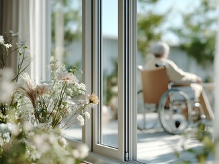 Soft flowers near a window with a blurred wheelchair user outdoors, symbolizing dementia isolation, environmental therapy, and fragile perception