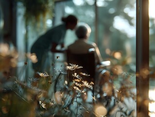 Caregiver leaning toward a wheelchair user framed by soft flowers, symbolizing dementia care, emotional support, and gentle therapeutic connection
