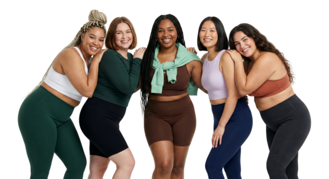 Diverse group of confident young women wearing activewear posing for a studio shot with happiness