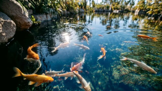 Top view of shimmering pond filled with playful fish swimming in clear water surrounded by sunlight reflections providing relaxing meditative footage for themes of abundance calm and slow.