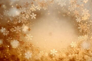 Obraz premium Soft focus golden snowflake bokeh background with blurred festive lights creating a magical winter holiday atmosphere