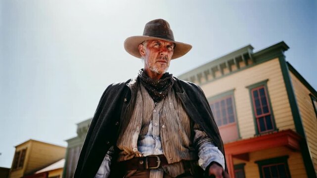 Dramatic low angle view of confident cowboy in long coat reaching toward camera against old town street delivering dynamic wild west style footage for action trailers concerts themed events.