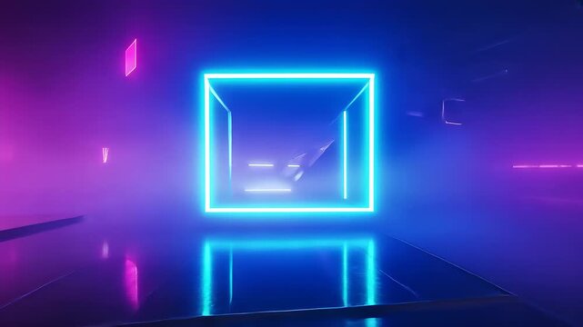 Viewpoint moving forward, bringing neon cyan square frame closer in neon plaza, revealing depth