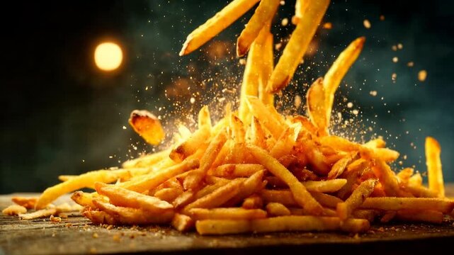 Close up view of crispy golden fries flying through air with sparks of seasoning and warm restaurant lighting delivering delicious fast food footage for snack promotions party menus and.