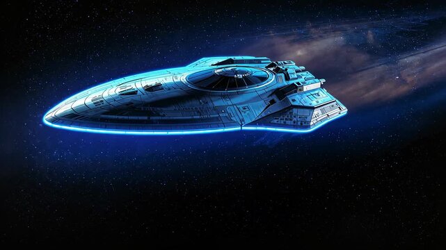 Clip starting futuristic spacecraft coasting through deep space, showing central dome and blue band
