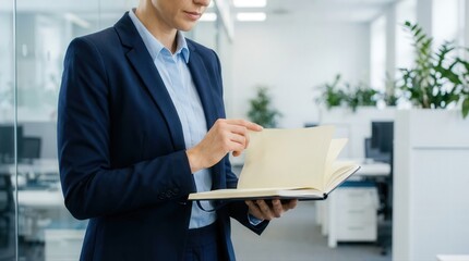 Focused professional executive reviewing notes in a planner within a bright modern office setting