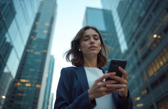 Business woman walks uses smartphone in city. Modern buildings form urban landscape. Female professional checks device, browses social media. Young corporate worker communicates online, stays