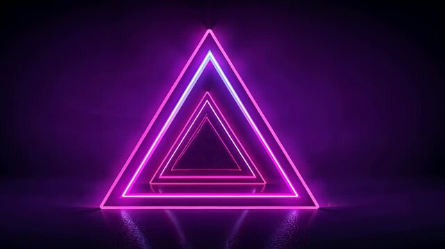 Moving camera revealing nested neon triangles pulsing on reflective studio floor, magenta cyan glow