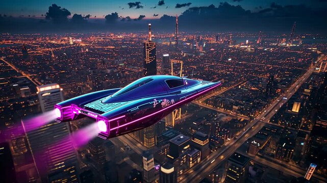 Igniting twin pink thrusters, neon hovercraft translating forward, approaching downtown hub at dusk
