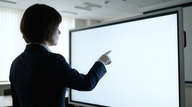 Business professional pointing gloved finger at interactive digital whiteboard for presentation