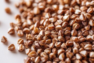 Close Up View of Roasted Buckwheat Seeds on White Background with Neutral Lighting