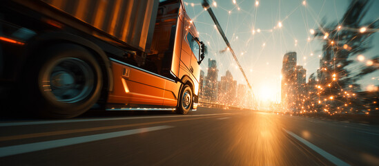truck with digital effects representing smart logistics network