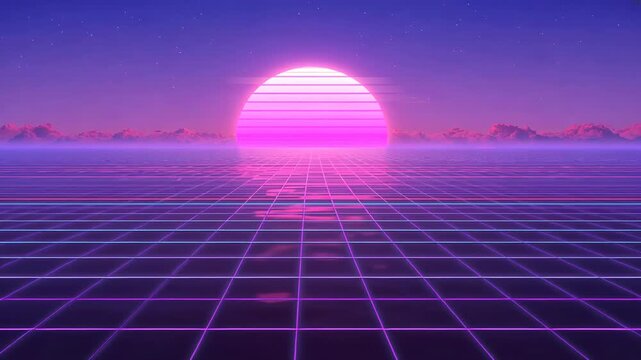 Loop starting, pulsing neon sun with scanlines brightening on neon grid, reflecting clouds, looping