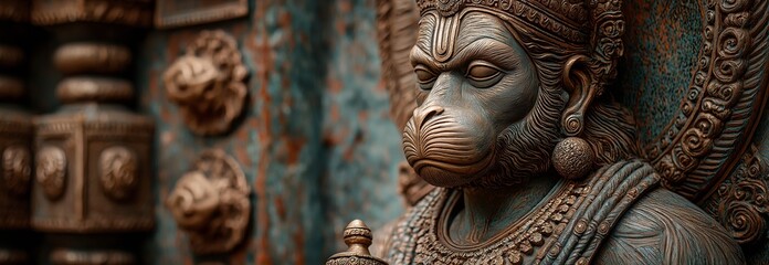 Hinduism temple, devotion, spirituality, culture, art, and the statue of Hanuman