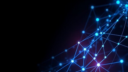 nodes. Abstract digital network visualization with glowing blue nodes and connecting lines on a dark background. product launch decks.
