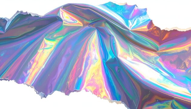 Iridescent, torn, crumpled foil against a stark white backdrop, revealing texture - Powered by Adobe